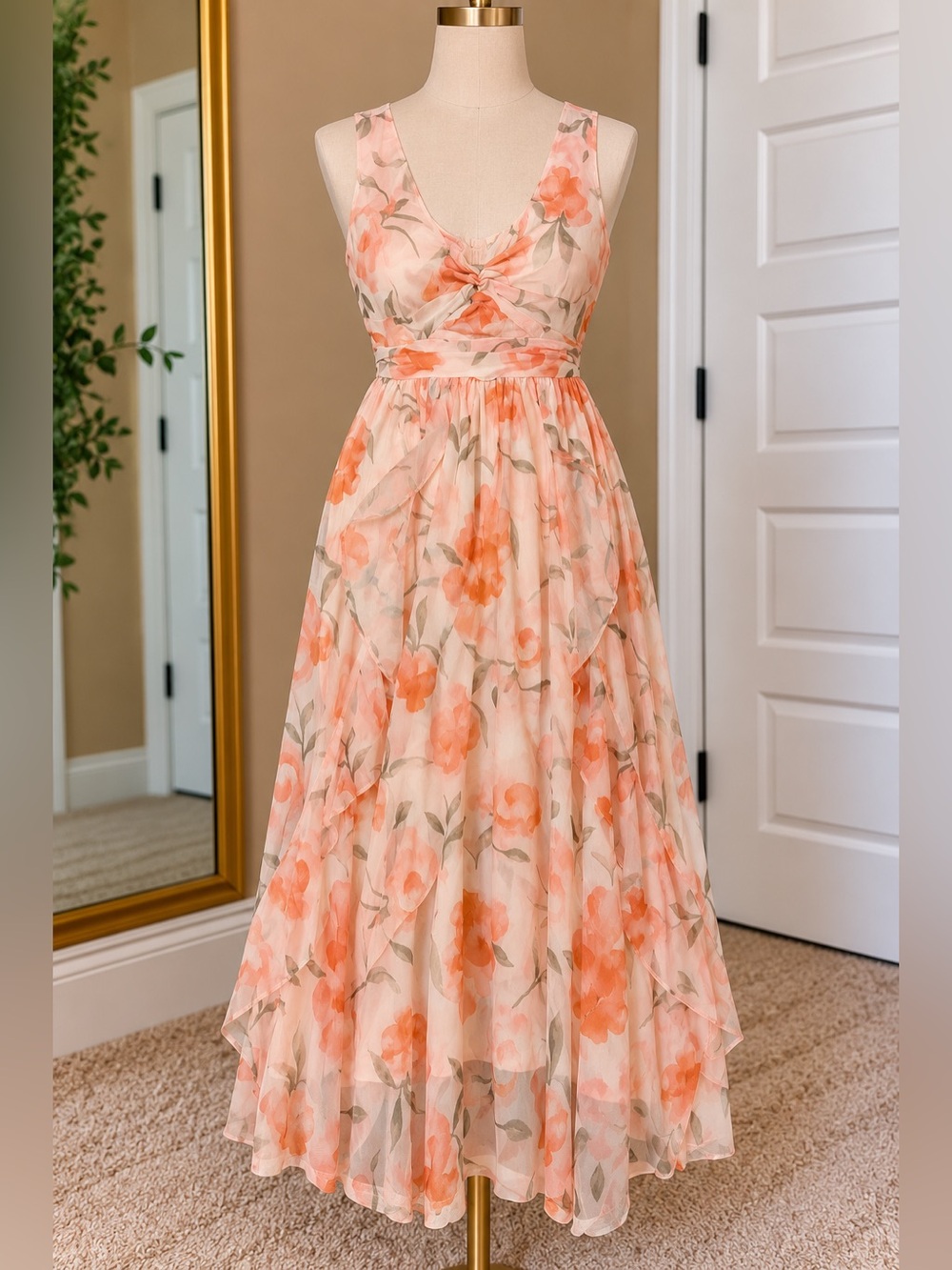 Grace Karin Peach Floral V-Neck Midi Dress